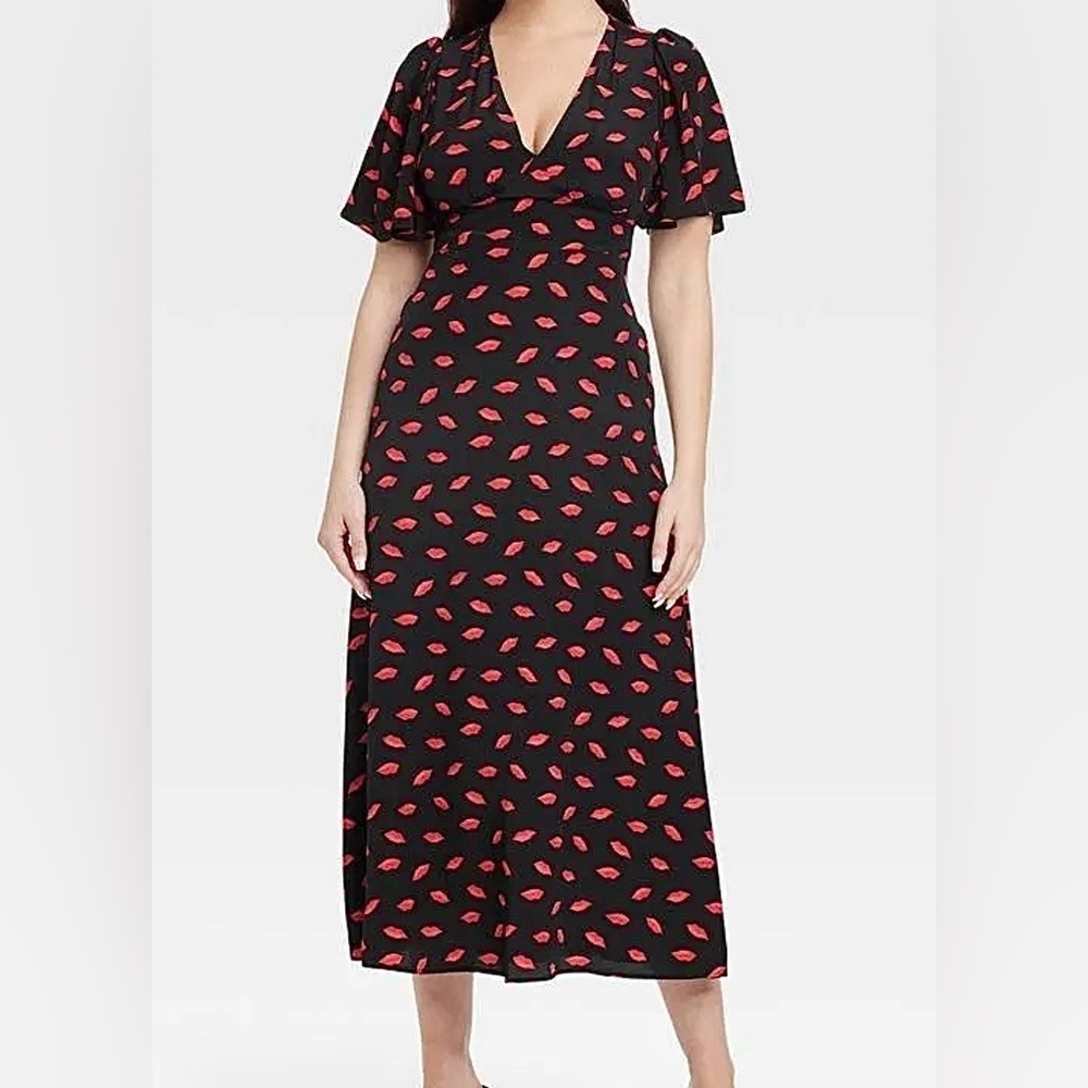 NWT A New Day Black Maxi Dress with Red Lips Print